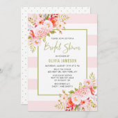 Pink Stripes Floral Bridal Douche Invitation (Devant / Derrière)