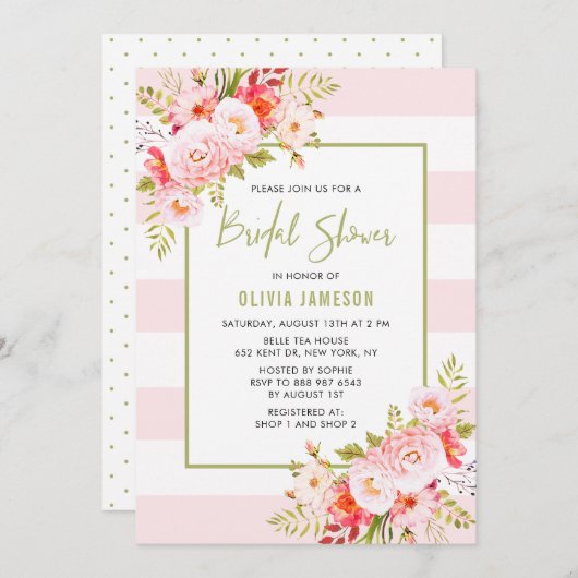 Pink Stripes Floral Bridal Douche Invitation (Devant / Derrière)