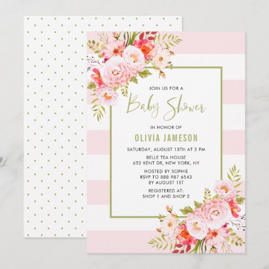 Pink Stripes Floral Bridal Douche Invitation (Devant / Derrière)