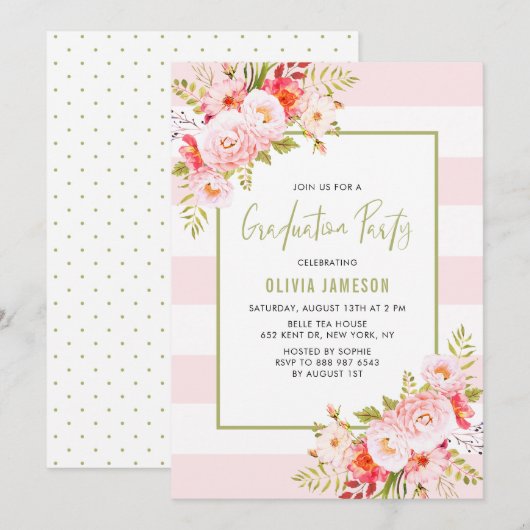 Pink Stripes Floral Graduation Party Invitation (Devant / Derrière)