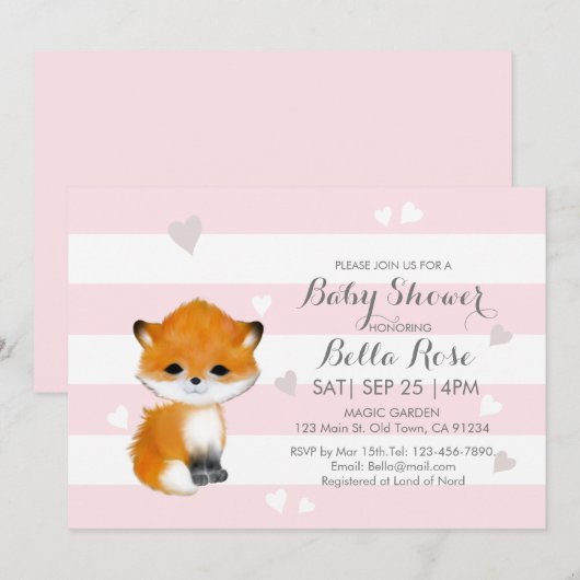 Pink Stripes Heart Fox Baby shower Invitation (Devant / Derrière)