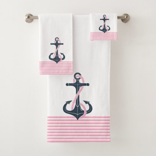 Pink Stripes & Nautical Boat Anchor in blauw Bad Handdoek (Insitu)