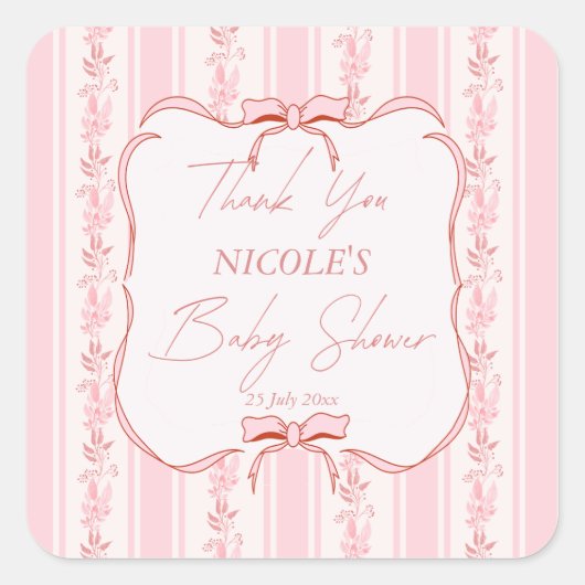 Pink stripes retro bow border baby shower favor vierkante sticker (Voorkant)