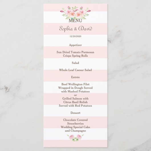 Pink Stripes Watercolor Flowers Menu Mariage (Devant)