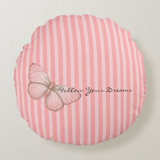Pink Stripes with Butterfly Rond Kussen (Voorkant)