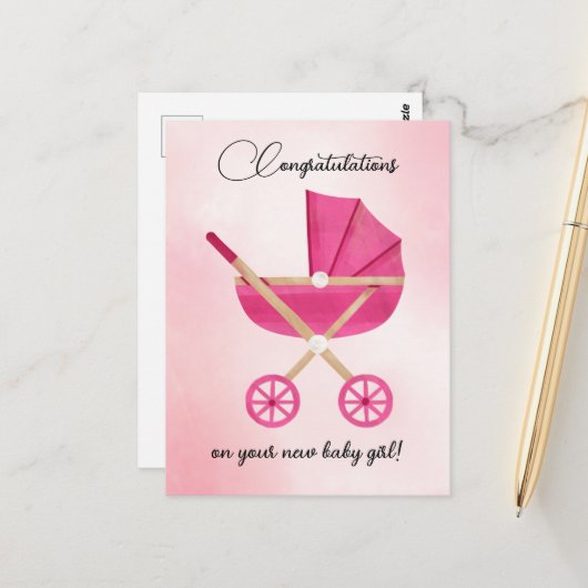 Pink stroller Baby Girl Congratulations Card Briefkaart (Voorkant / Achterkant in situ)