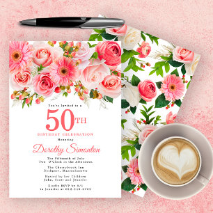 Pink Summer Floral  50th Birthday Kaart