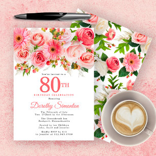 Pink Summer Floral 80th Birthday Invitation Kaart