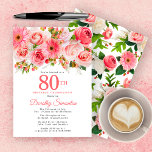 Pink Summer Floral Pretty 80th Birthday Invitation<br><div class="desc">Roses, pivoines et chaises créent un joli design floral rose estival. Les bourgeons et le feuillage ajoutent une ambiance rustique. Le 80ème est écrit dans un grand texte en gras. Il peut être modifié pour n'importe quelle année. Le nom du célébrant de l'anniversaire est écrit dans une police de caractères...</div>