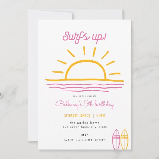 Pink Summer Surfs Up Fête Anniversaire Invitation (Devant)