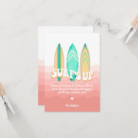 Pink Surfs Up Surfboard Verjaardag Dank je wel Kaart (Voorkant / Achterkant in situ)