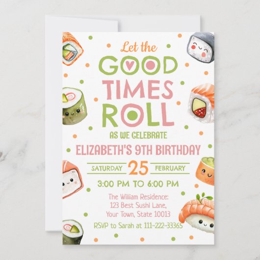 Pink Sushi Birthday Invitation Kaart (Voorkant)