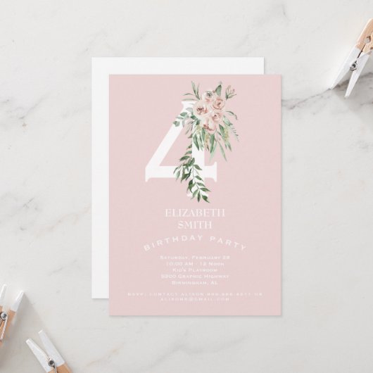 Pink Sweet 4E Invitation de fête d'anniversaire (Devant/Arrière en situation)