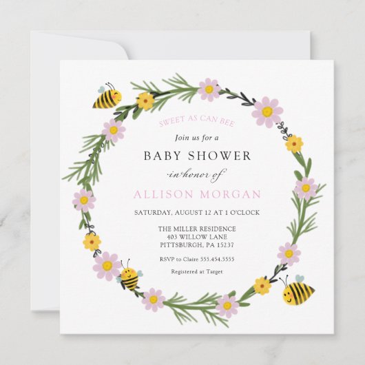 Pink Sweet As Can Bee Baby shower Invitation (Devant)