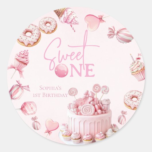 Pink Sweet One Round Favor Stickers (Devant)