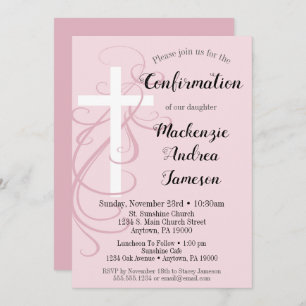 Pink Swirl Cross Confirmation Invitation Girl