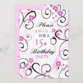 Pink Swirls 15e Anniversaire Carte d'invitation (Devant / Derrière)