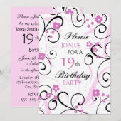 Pink Swirls 19e Anniversaire Carte d'invitation (Devant / Derrière)