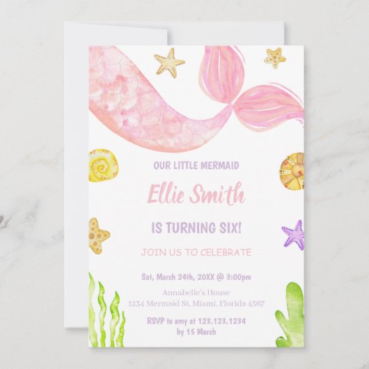 Pink Tail Mermaid Invitations d'anniversaire (Devant)