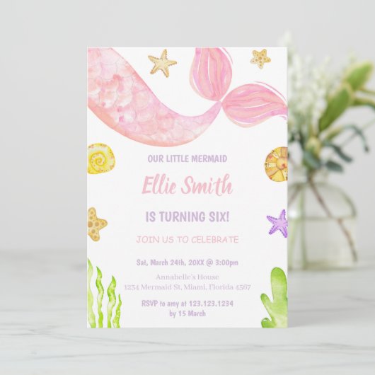 Pink Tail Mermaid Invitations d'anniversaire (Debout devant)