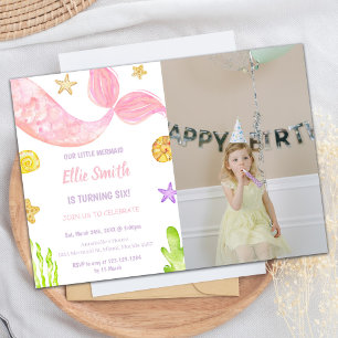 Pink Tail Sirène Anniversaire Invitations avec pho