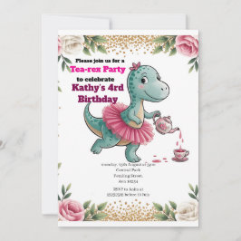 Pink Tea Party Dinosaur 4e verjaardag uitnodiging