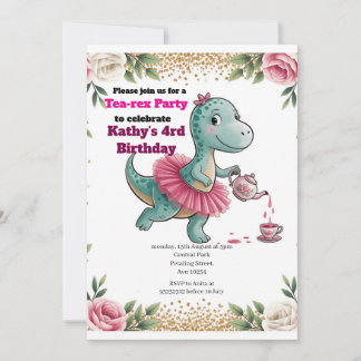 Pink Tea Party Dinosaur 4e verjaardag uitnodiging