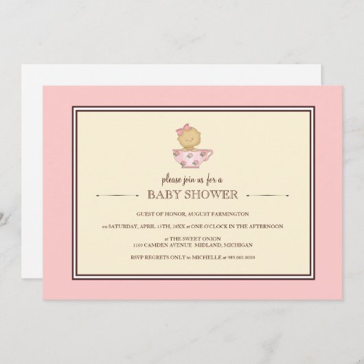 Pink Teacup Baby Shower Invitations (Devant / Derrière)