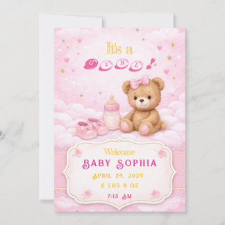 Pink Teddy Bear Baby Girl Birth Announcement Card Kaart