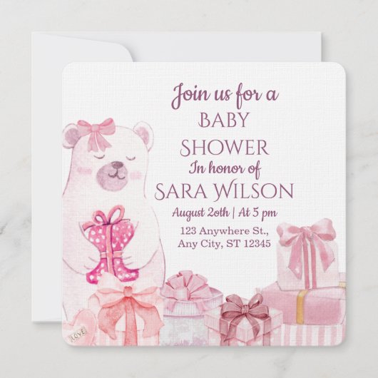 Pink Teddy Bear Baby Shower Invitation (Devant)