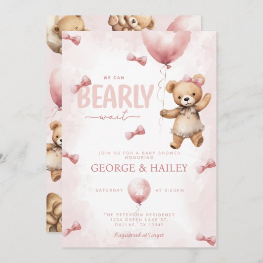 Pink Teddy Bear Baby shower Invitation Kaart (Voorkant / Achterkant)