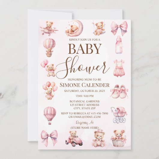 Pink Teddy Bear Baby shower Invitation Kaart (Voorkant)