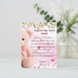 Pink Teddy Bear Baby Shower Thank You Card. Bedankkaart