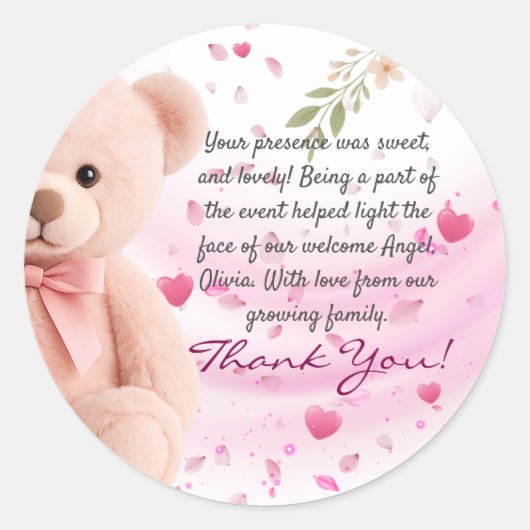 Pink Teddy Bear Baby Shower Thank You Sticker (Devant)