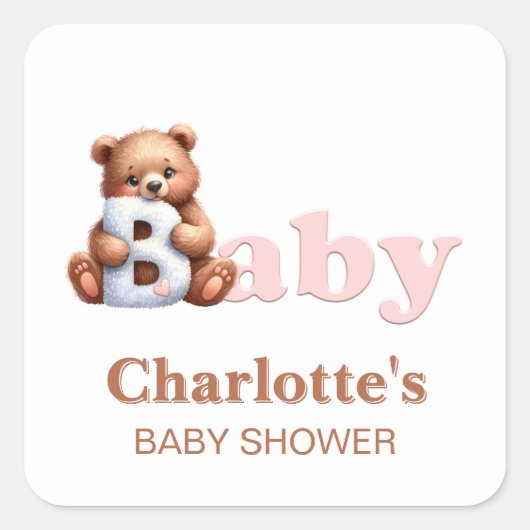 Pink Teddy Bear Baby shower Vierkante Sticker (Voorkant)
