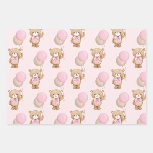Pink Teddy Bear Balloon Baby Girl 1e verjaardag Inpakpapier Vel (Voorkant 2)