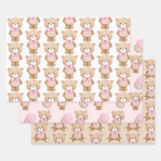 Pink Teddy Bear Balloon Baby Girl 1e verjaardag Inpakpapier Vel (Set)