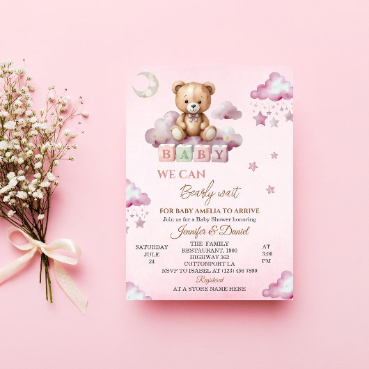 Pink Teddy Bear Barly Wait Baby shower Kaart