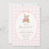 Pink Teddy Bear Gingham Baby shower Uitnodiging (Voorkant)