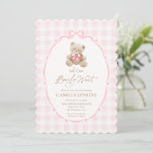 Pink Teddy Bear Gingham Baby shower Uitnodiging (Staand voorkant)