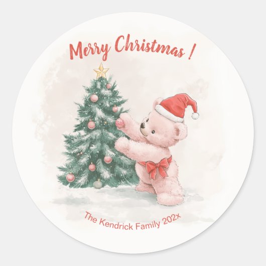 Pink Teddy Bear Retro Christmas Ronde Sticker (Voorkant)