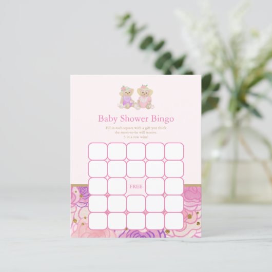 Pink Teddy Bear Tea Party Baby shower Bingo Game (Staand voorkant)