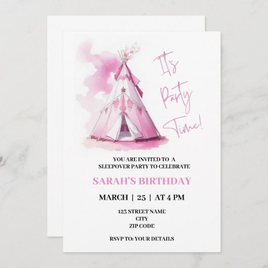 Pink Teepee dormir sur le thème invitation d'anniv (Devant / Derrière)