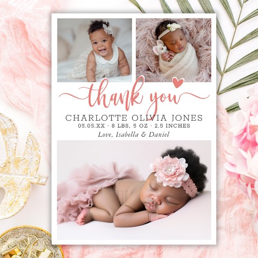 Pink Thank You Script Baby Girl Photo Heart Birth  Aankondiging