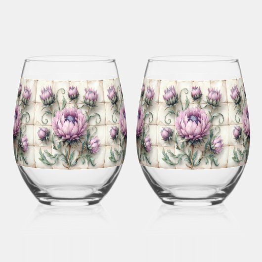 Pink Thistle Flowers Tile Wijnglas Zonder Voet (Voorkant)