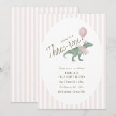 Pink Three Rex Dinosaur Third Birthday Invitation (Devant / Derrière)