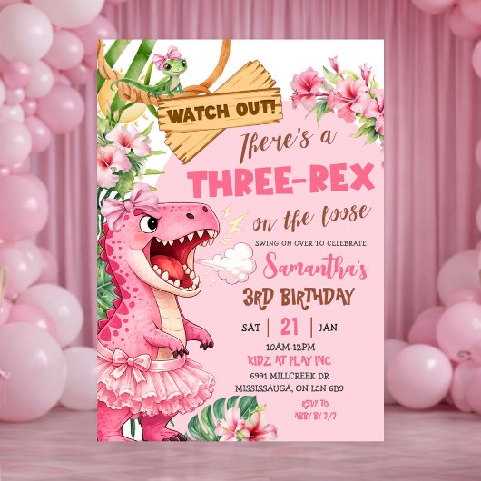Pink Three Rex On The Loose Third Birthday Kaart