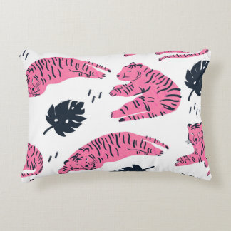 Pink Tiger Tropical: handgetekend. Accent Kussen
