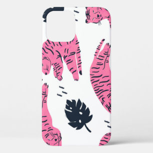 Pink Tiger Tropical: handgetekend. iPhone 12 Hoesje
