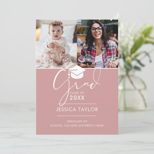 Pink toen en nu 3 foto Afstuderen aankondiging (Staand voorkant)